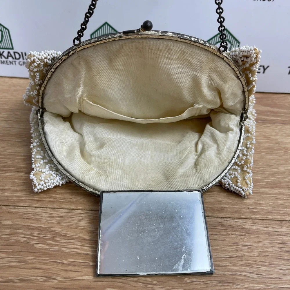 Vintage Floral Beaded Evening Bag Champagne White Seed Bead Kiss Lock Clutch